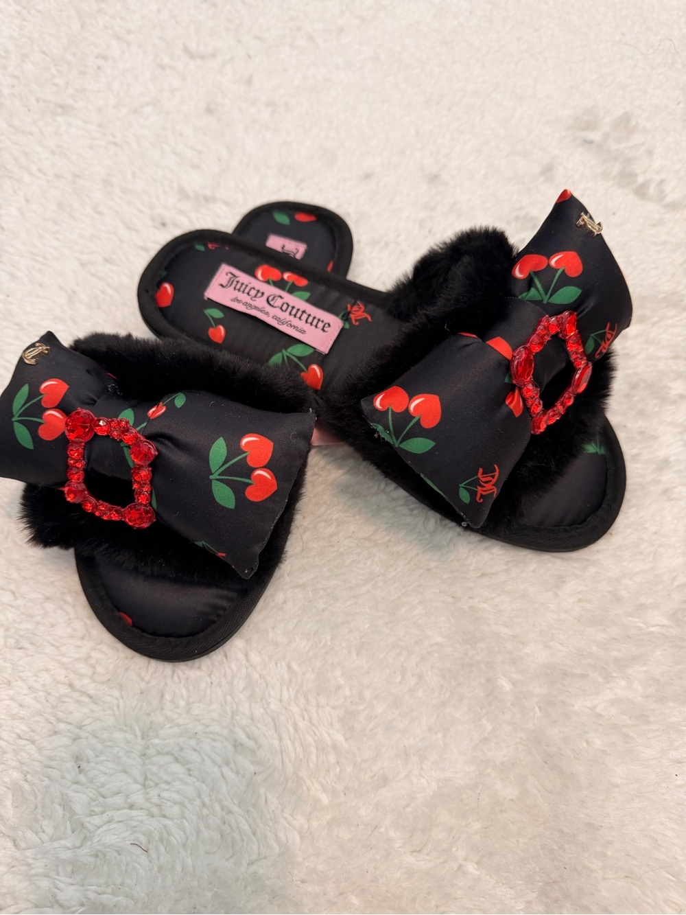 Juicy Couture Black Satin Cherry Bow Fur Slide Slippers with Red Jewel Buckle